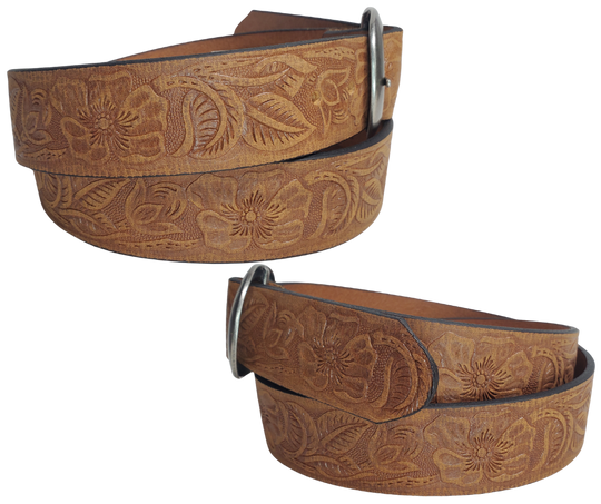 The "Cloverleaf" belt is embossed with a classy western floral pattern. The oval, center bar buckle is an Antique Nickel. Belt has snaps for easy buckle change and is made from a single strip of Embossed leather. Available in our shop just outside Nashville in Smyrna, TN.