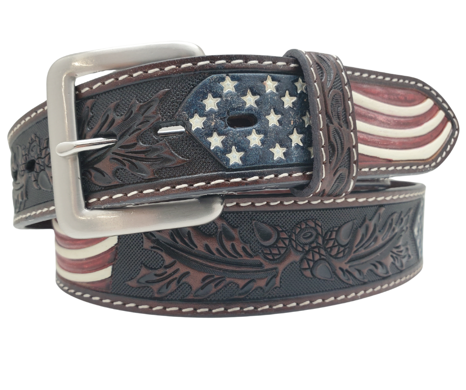 This embossed Old Glory real Veg-Tan leather belt starts with a 8-10oz leather belt strip. Comes with an Antique colored buckle that is snapped in for easy removal. It is available in our Smyrna, TN shop, which is located just outside of Nashville.