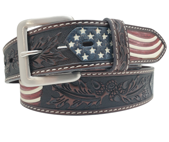 This embossed Old Glory real Veg-Tan leather belt starts with a 8-10oz leather belt strip. Comes with an Antique colored buckle that is snapped in for easy removal. It is available in our Smyrna, TN shop, which is located just outside of Nashville.