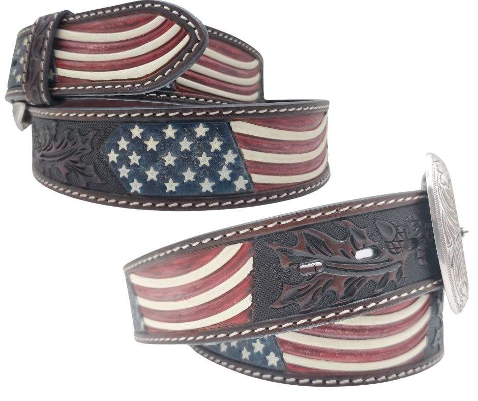 This embossed Old Glory real Veg-Tan leather belt starts with a 8-10oz leather belt strip. Comes with an Antique colored buckle that is snapped in for easy removal. It is available in our Smyrna, TN shop, which is located just outside of Nashville.