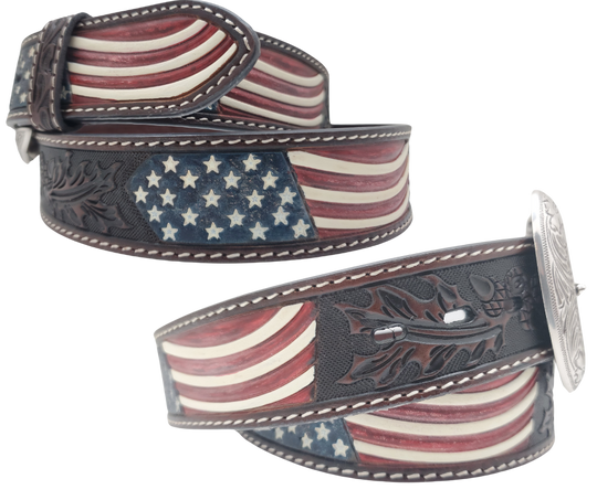 This embossed Old Glory real Veg-Tan leather belt starts with a 8-10oz leather belt strip. Comes with an Antique colored buckle that is snapped in for easy removal. It is available in our Smyrna, TN shop, which is located just outside of Nashville.