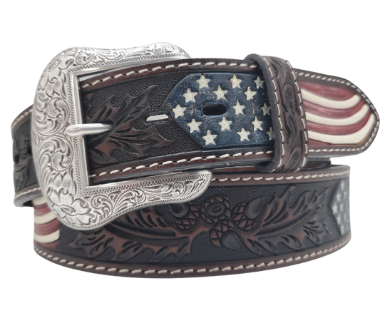 This embossed Old Glory real Veg-Tan leather belt starts with a 8-10oz leather belt strip. Comes with an Antique colored buckle that is snapped in for easy removal. It is available in our Smyrna, TN shop, which is located just outside of Nashville.