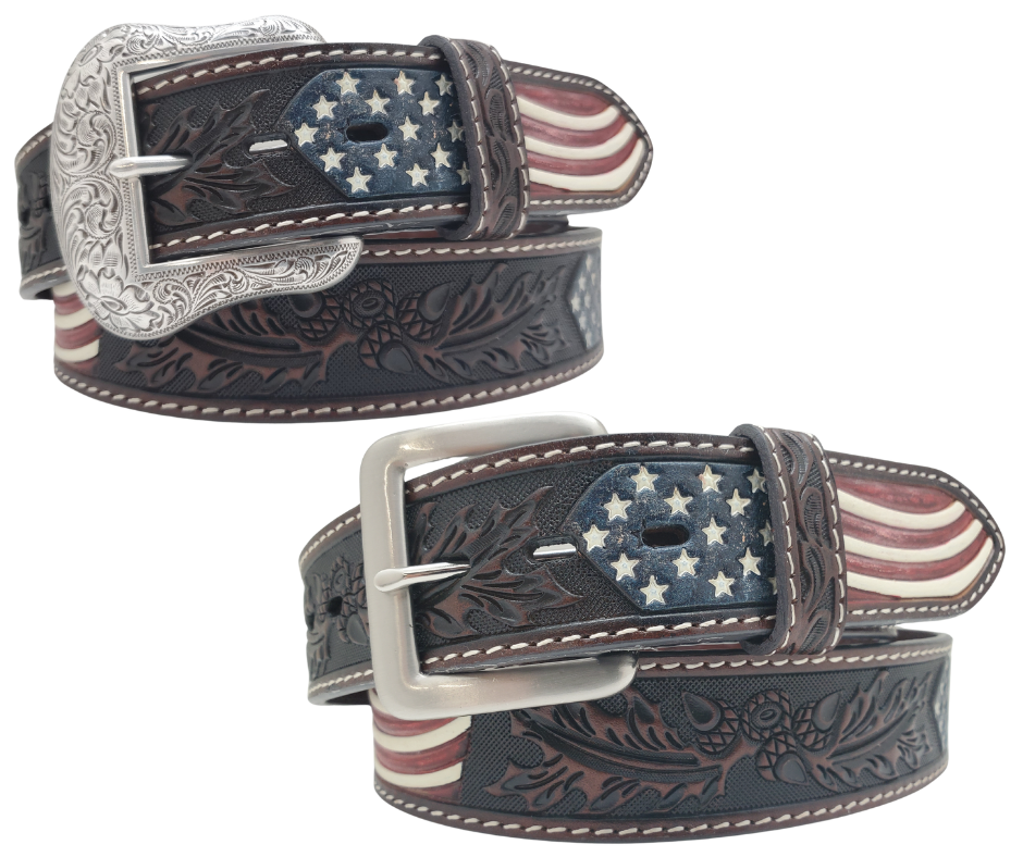 This embossed Old Glory real Veg-Tan leather belt starts with a 8-10oz leather belt strip. Comes with an Antique colored buckle that is snapped in for easy removal. It is available in our Smyrna, TN shop, which is located just outside of Nashville.