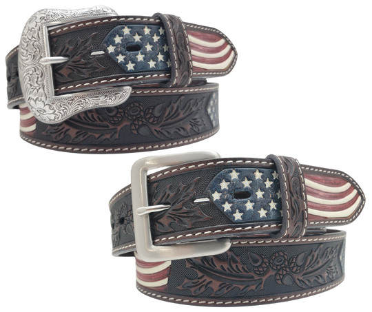 This embossed Old Glory real Veg-Tan leather belt starts with a 8-10oz leather belt strip. Comes with an Antique colored buckle that is snapped in for easy removal. It is available in our Smyrna, TN shop, which is located just outside of Nashville.