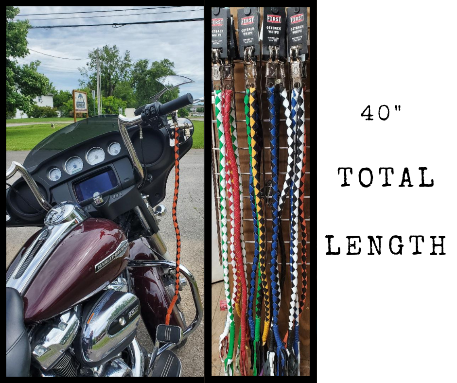 Match your Bike or Club colors with a GET BACK WHIP. Clip onto your lever and your good. The origins of "get back whips" are debated, but the most common belief is that they originated in the 1970s when members of motorcycle clubs began making them from leather dyed to represent their club colors.&nbsp;The whips could be quickly released and used in an emergency to strike anything that threatened the rider, which is how they got their name. Available in our Smyrna ,TN shop just a short ride from Nashville.