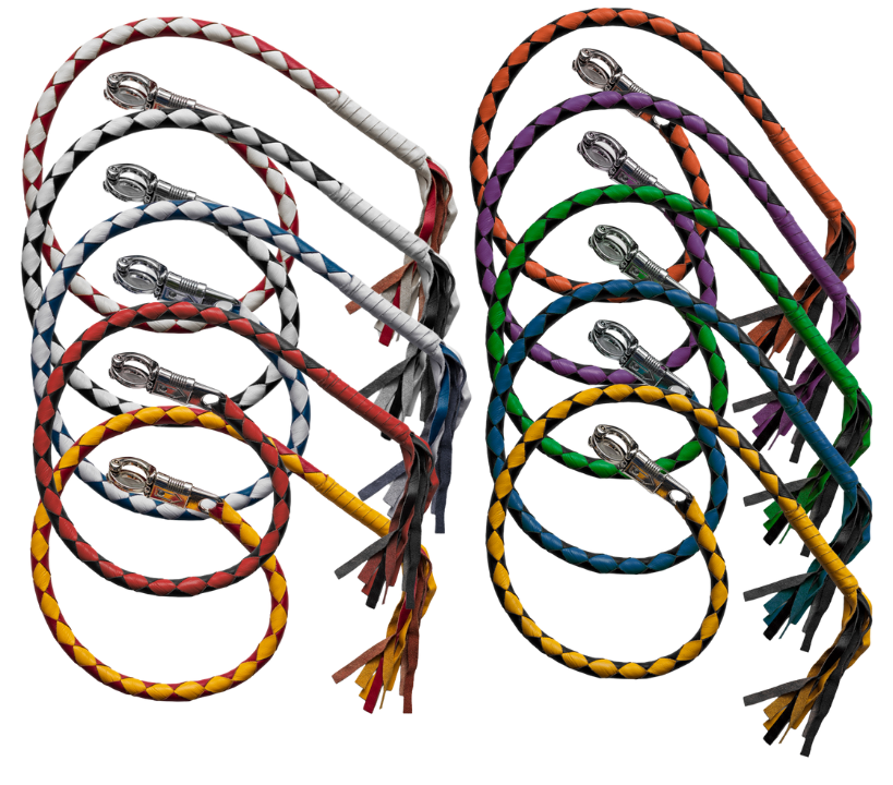 Match your Bike or Club colors with a GET BACK WHIP. Clip onto your lever and your good. The origins of "get back whips" are debated, but the most common belief is that they originated in the 1970s when members of motorcycle clubs began making them from leather dyed to represent their club colors.&nbsp;The whips could be quickly released and used in an emergency to strike anything that threatened the rider, which is how they got their name. Available in our Smyrna ,TN shop just a short ride from Nashville.