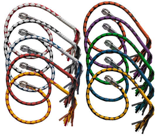 Match your Bike or Club colors with a GET BACK WHIP. Clip onto your lever and your good. The origins of "get back whips" are debated, but the most common belief is that they originated in the 1970s when members of motorcycle clubs began making them from leather dyed to represent their club colors.&nbsp;The whips could be quickly released and used in an emergency to strike anything that threatened the rider, which is how they got their name. Available in our Smyrna ,TN shop just a short ride from Nashville.