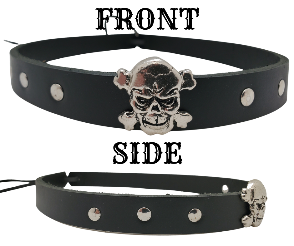 Want your to be a little edgy? Our <em><strong>Skull and Cross bone framed with 3 rivets</strong></em> on each side will take care of that. The hatband is 3/4" wide by 23" (without tie string). Available in black or Distressed brown, pick one or a few. Fit's most any hat with adjustable bead and leather 1/8" string. Will fit most TOP HAT style and WESTERN crowned hats. Made in our Smyrna Tn. shop. <p>&nbsp;</p>