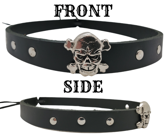 Want your to be a little edgy? Our <em><strong>Skull and Cross bone framed with 3 rivets</strong></em> on each side will take care of that. The hatband is 3/4" wide by 23" (without tie string). Available in black or Distressed brown, pick one or a few. Fit's most any hat with adjustable bead and leather 1/8" string. Will fit most TOP HAT style and WESTERN crowned hats. Made in our Smyrna Tn. shop. <p>&nbsp;</p>