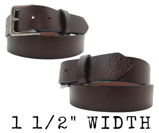 &nbsp;If you prefer a soft already broken in feel this is the perfect belt. Lightly Pebbled top grain cowhide leather will not tear nor peel apart. Available in BLACK or CHOCOLATE Brown , pick one or the COMBO. It has a classic satin finish, smooth pebble texture, with beveled painted edges. The strap is 1 1/2" wide and has a antique silver colored buckle held by 2 snaps for easy buckle change. Comfortable from the start, belt is handmade in our Smyrna, TN shop, just outside Nashville.