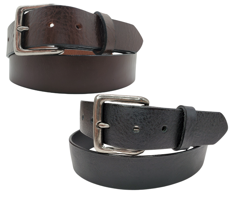 &nbsp;If you prefer a soft already broken in feel this is the perfect belt. Lightly Pebbled top grain cowhide leather will not tear nor peel apart. Available in BLACK or CHOCOLATE Brown , pick one or the COMBO. It has a classic satin finish, smooth pebble texture, with beveled painted edges. The strap is 1 1/2" wide and has a antique silver colored buckle held by 2 snaps for easy buckle change. Comfortable from the start, belt is handmade in our Smyrna, TN shop, just outside Nashville.