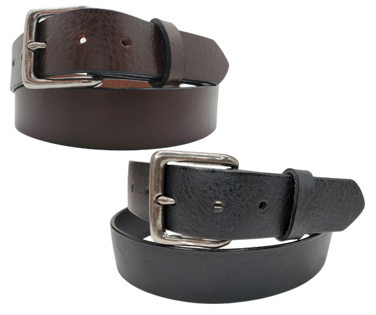 &nbsp;If you prefer a soft already broken in feel this is the perfect belt. Lightly Pebbled top grain cowhide leather will not tear nor peel apart. Available in BLACK or CHOCOLATE Brown , pick one or the COMBO. It has a classic satin finish, smooth pebble texture, with beveled painted edges. The strap is 1 1/2" wide and has a antique silver colored buckle held by 2 snaps for easy buckle change. Comfortable from the start, belt is handmade in our Smyrna, TN shop, just outside Nashville.