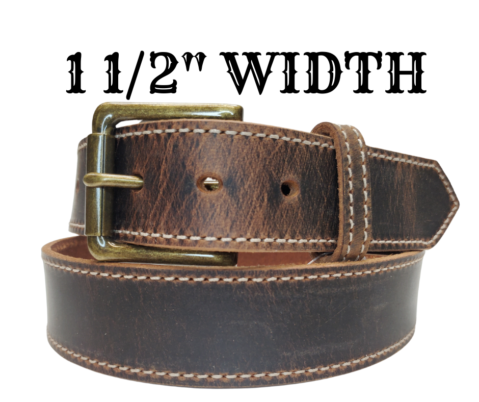 Named after the dusty trail used to herd cattle in the 1880's. This belt has the distressed look that matches so many of todays popular boots. The stitching gives just a hint of a dressed up look, it will become your go to belt for everyday use. The Antique Brass roller buckle and 1 1/2" width will work most every type of pants. Snaps make a easy buckle change for your favorite buckles. Pick yours up at our Smyrna, TN shop open 5 days a week Tue. thru Sat 9-5.