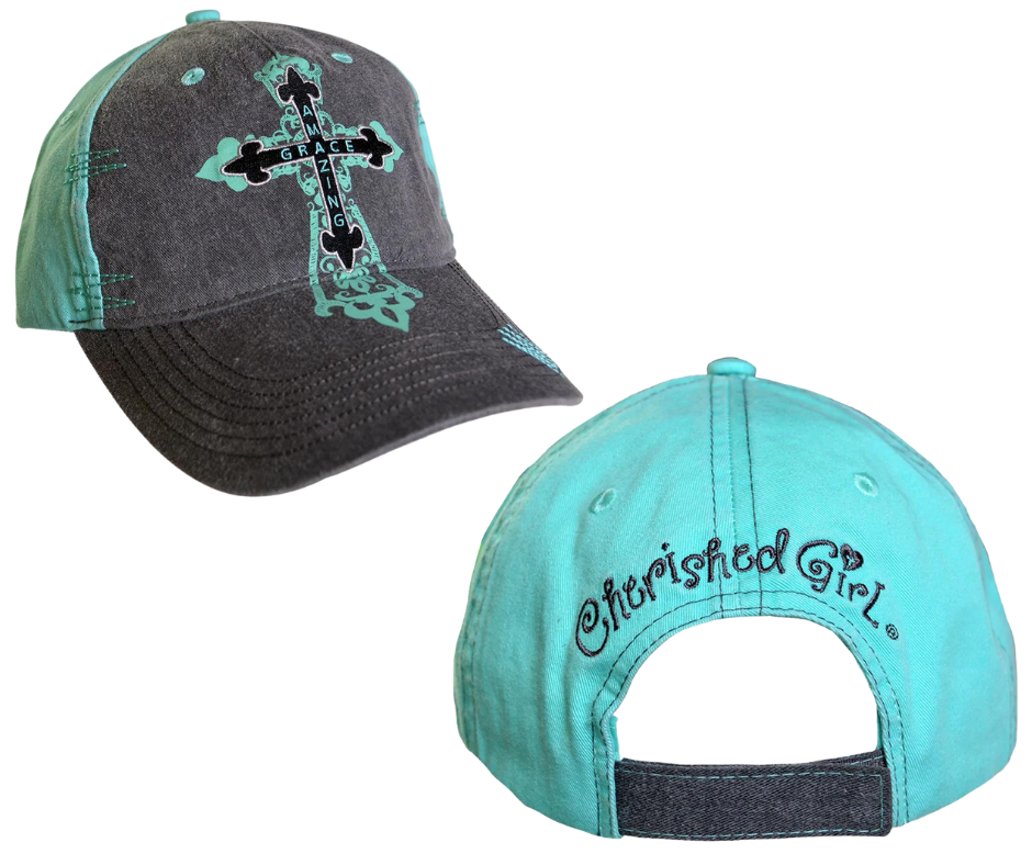 Praise the name of our great God in this “Amazing Grace Cross” Cherished Girl® Cap in Heather Grey + Aqua. Artsy details, including aqua topstitching with a handcrafted feel, and a layered cross with a painterly backdrop, give this cap a uniquely detailed look that stands out from the crowd. Pick yours up at our Smyrna,TN shop just a 20 minute drive outside of downtown Nashville.  Color: Heather Grey/Aqua   Embroidered DesignTopstitching Detail    Adjustable Closure  One Size Fits Most