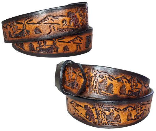 "The GRIZZLY" is our tribute to the "Pilgrim" Jeremiah Johnson! It's a professionally crafted, genuine leather belt made from 8-10 oz cowhide shoulder leather, approximately 1/8" thick. It boasts a hand burnished edge, along with a multi-step dye and finishing technique. The antique nickel plated solid brass buckle is affixed with heavy snaps. This belt is crafted near Nashville, TN in Smyrna.