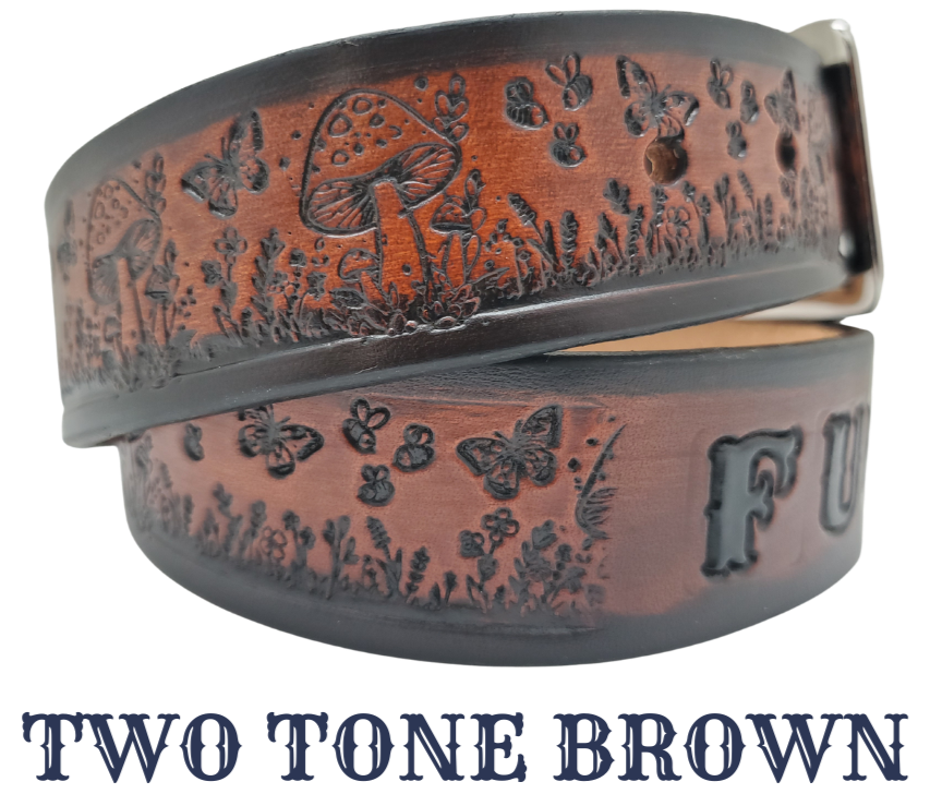 Our 1 1/2" Throwback Groovy Mushroom is a solid strip of USA veg-tan cowhide, embossed with a scene of Mushrooms, Flowers, and Butterflies down length of belt. It is hand finished in&nbsp;3 finishes, with smooth beveled, and painted edges, approx. 1/8" thick. Sizes available are&nbsp;34" to 44" from buckle end to hole most worn.&nbsp; Buckle is an Antique Silver finish brass, held in place with 2 snaps for easy buckle change. Crafted by hand at our Smyrna, Tennessee shop, close to Nashville.