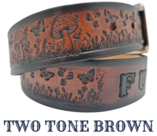 Our 1 1/2" Throwback Groovy Mushroom is a solid strip of USA veg-tan cowhide, embossed with a scene of Mushrooms, Flowers, and Butterflies down length of belt. It is hand finished in&nbsp;3 finishes, with smooth beveled, and painted edges, approx. 1/8" thick. Sizes available are&nbsp;34" to 44" from buckle end to hole most worn.&nbsp; Buckle is an Antique Silver finish brass, held in place with 2 snaps for easy buckle change. Crafted by hand at our Smyrna, Tennessee shop, close to Nashville.