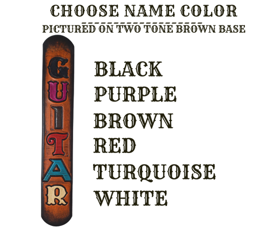 Named after the song "I was raised on Country Sunshine this Guitar Strap has the hint of some flowers and you pick your NAME font and color. It's made from 1/8" thick drum dyed vegetable tanned cow hide and is hand finished.  The main strap is made from a single strip of leather with beveled and painted edges.  Choose a 2" or 2 1/2" wide strap with a classic adjustment style up to approx. 60". Made just outside Nashville in Smyrna, TN.