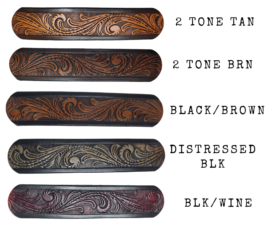 This Guitar Strap is crafted to the same high quality as our Custom belts! It's made of 1/8" thick, vegetable-tanned, drum-dyed cowhide, with beveled and black painted edges, and a unique hand stained finish and a Hand Painted Name. The main strap is one 1 1/2" wide, with a single hole in the front and 3-hole adjustment on the back. We proudly manufacture it in Smyrna, TN - just outside Nashville. 