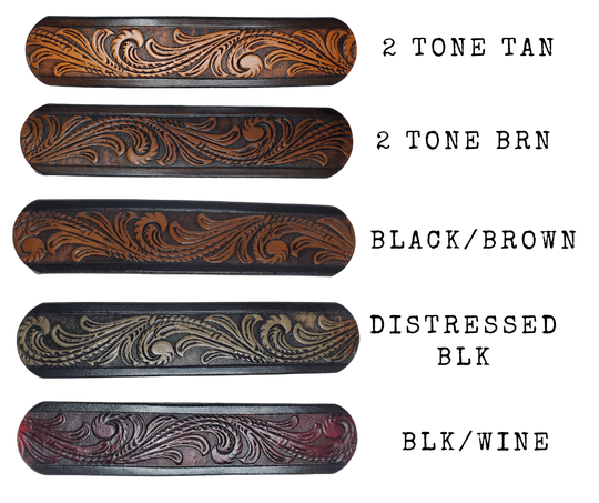 This Guitar Strap is crafted to the same high quality as our Custom belts! It's made of 1/8" thick, vegetable-tanned, drum-dyed cowhide, with beveled and black painted edges, and a unique hand stained finish and a Hand Painted Name. The main strap is one 1 1/2" wide, with a single hole in the front and 3-hole adjustment on the back. We proudly manufacture it in Smyrna, TN - just outside Nashville. 