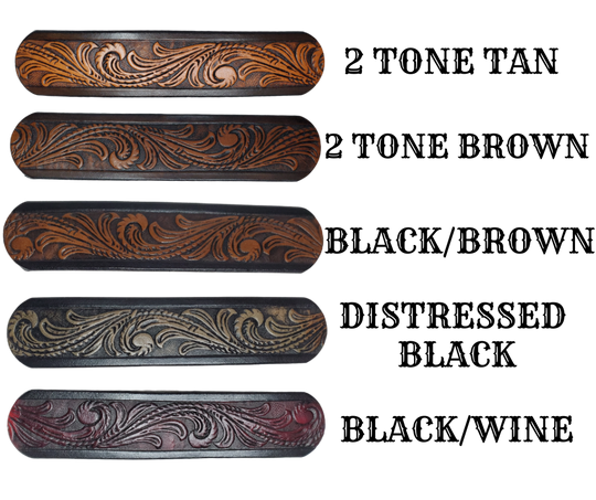 This Guitar Strap is crafted to the same high quality as our Custom belts! It's made of 1/8" thick, vegetable-tanned cowhide, with beveled and black painted edges, and a unique hand stained finish and a Hand Painted Name. The main strap is one 1 1/2" wide, with a single hole in the front and 3-hole adjustment on the back. We proudly manufacture it in Smyrna, TN - just outside Nashville. 