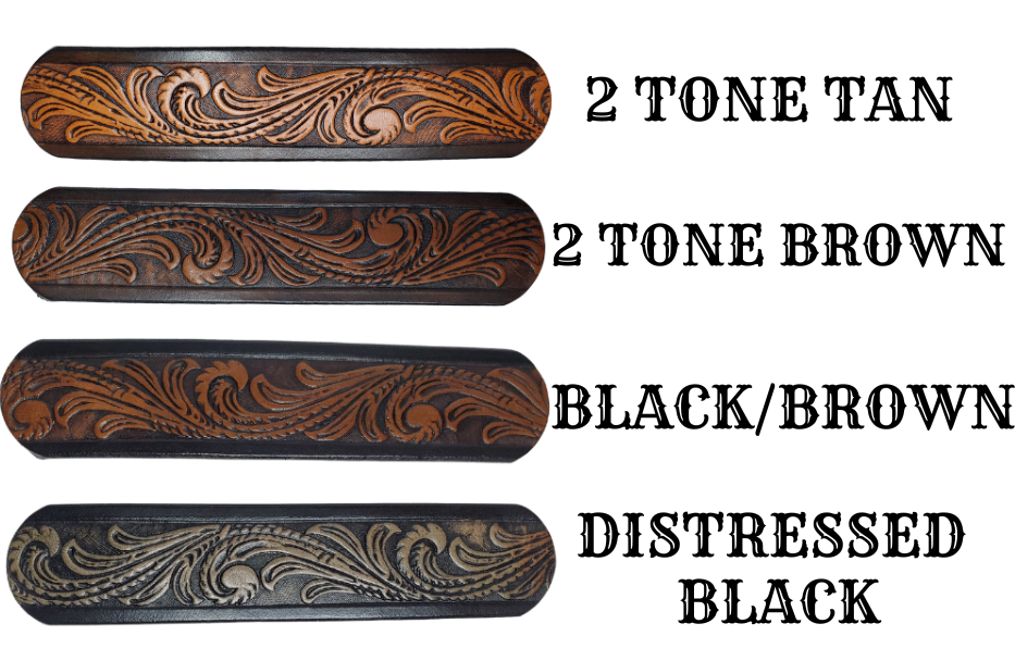 This Guitar Strap is crafted to the same high quality as our Custom belts! It's made of 1/8" thick, vegetable-tanned cowhide, with beveled and black painted edges, and a unique hand stained finish and a Hand Painted Name. The main strap is one 1 1/2" wide, with a single hole in the front and 3-hole adjustment on the back. We proudly manufacture it in Smyrna, TN - just outside Nashville. 