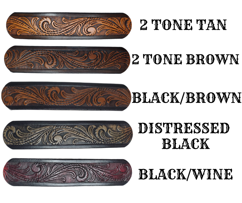 This Guitar Strap is crafted to the same high quality as our Custom belts! It's made of 1/8" thick, vegetable-tanned, drum-dyed cowhide, with beveled and black painted edges, and a unique hand stained finish and a Hand Painted Name. The main strap is one 1 1/2" wide, with a single hole in the front and 3-hole adjustment on the back. We proudly manufacture it in Smyrna, TN - just outside Nashville. 