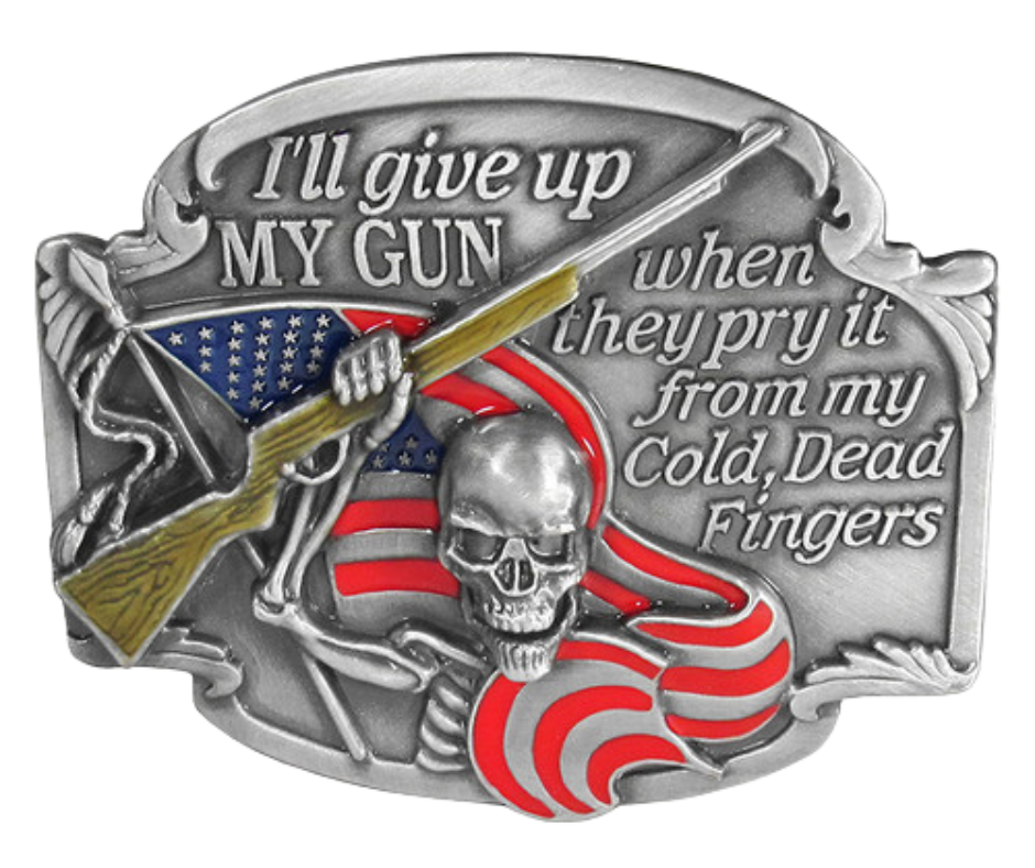 Display your 2A pride with this patriotic American flag belt buckle featuring the iconic saying "pry it from my dead fingers". Show your commitment to protecting your liberty with this pewter belt buckle, perfect for 1 1/2" belts. Measuring 3-1/4" wide and 2-3/4" tall, it's available in our shop located just outside of Nashville in Smyrna, TN.