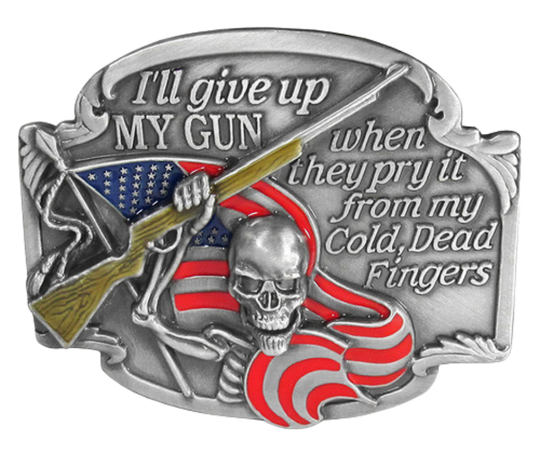 Display your 2A pride with this patriotic American flag belt buckle featuring the iconic saying "pry it from my dead fingers". Show your commitment to protecting your liberty with this pewter belt buckle, perfect for 1 1/2" belts. Measuring 3-1/4" wide and 2-3/4" tall, it's available in our shop located just outside of Nashville in Smyrna, TN.