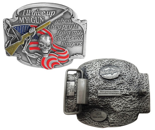 Display your 2A pride with this patriotic American flag belt buckle featuring the iconic saying "pry it from my dead fingers". Show your commitment to protecting your liberty with this pewter belt buckle, perfect for 1 1/2" belts. Measuring 3-1/4" wide and 2-3/4" tall, it's available in our shop located just outside of Nashville in Smyrna, TN.