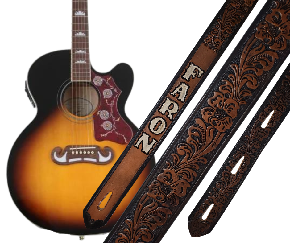 This Guitar Strap is crafted to the same high quality as our Custom belts! It's made of 1/8" thick, vegetable-tanned cowhide, with beveled and black painted edges, and a unique hand stained finish and a Hand Painted Name. The main strap is one 1 1/2" wide, with a single hole in the front and 3-hole adjustment on the back. We proudly manufacture it in Smyrna, TN - just outside Nashville. 