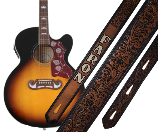 This Guitar Strap is crafted to the same high quality as our Custom belts! It's made of 1/8" thick, vegetable-tanned cowhide, with beveled and black painted edges, and a unique hand stained finish and a Hand Painted Name. The main strap is one 1 1/2" wide, with a single hole in the front and 3-hole adjustment on the back. We proudly manufacture it in Smyrna, TN - just outside Nashville. 