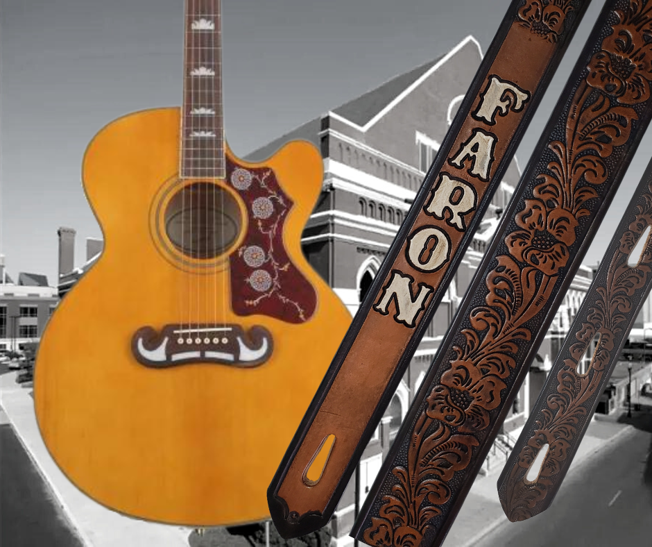 This Guitar Strap is crafted to the same high quality as our Custom belts! It's made of 1/8" thick, vegetable-tanned cowhide, with beveled and black painted edges, and a unique hand stained finish and a Hand Painted Name. The main strap is one 1 1/2" wide, with a single hole in the front and 3-hole adjustment on the back. We proudly manufacture it in Smyrna, TN - just outside Nashville. 