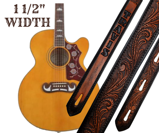 This Guitar Strap is crafted to the same high quality as our Custom belts! It's made of 1/8" thick, vegetable-tanned, drum-dyed cowhide, with beveled and black painted edges, and a unique hand stained finish and a Hand Painted Name. The main strap is one 1 1/2" wide, with a single hole in the front and 3-hole adjustment on the back. We proudly manufacture it in Smyrna, TN - just outside Nashville. 