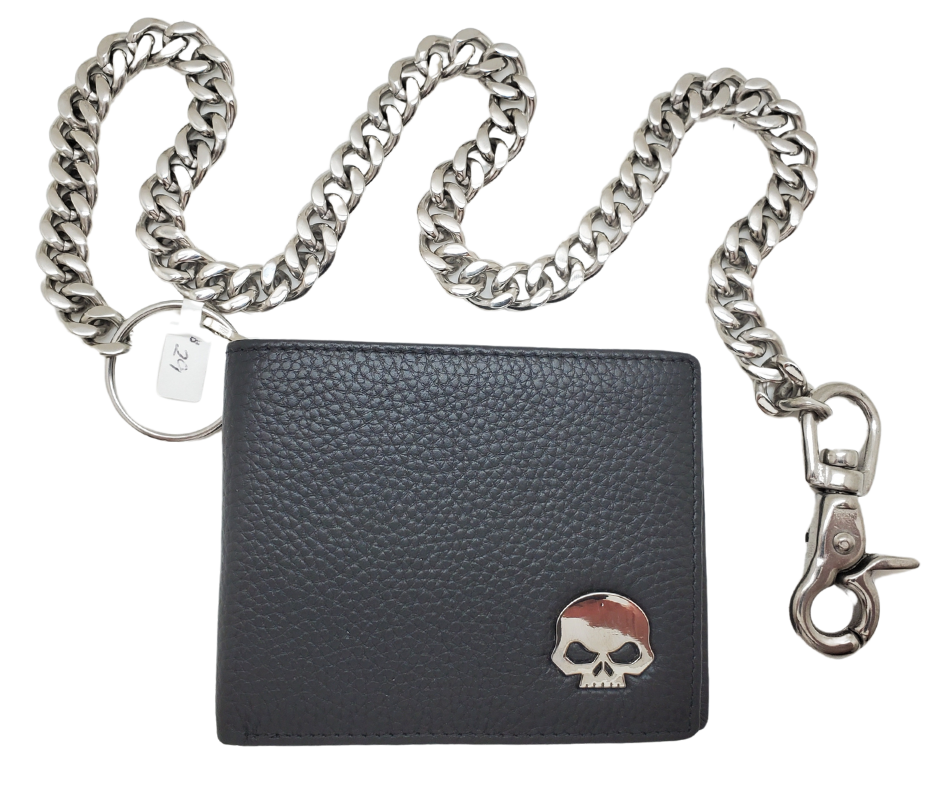 The Willy Bifold Chain Wallet gets you ready for the long ride or a short to bike night. Carry all of your necessary cards and cash wrapped up in soft leather with the Willy style skull Concho on the outside right corner. Unlike our other Chain wallets you can CHOOSE a basic chain OR no Chain. Available in our Smyrna, TN shop not far from Murfreesboro.