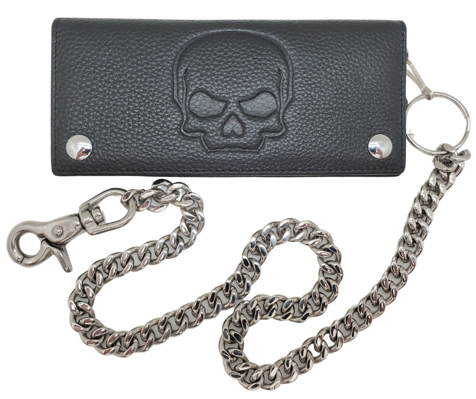 The Road Trip Chain Wallet gets you ready for the Iron Butt rides.. Carry all of your necessary cards and cash wrapped up in soft leather with the willy style skull embossed on the outside. Unlike our other Chain wallets you can CHOOSE a basic chrome chain OR no Chain. Available in our Smyrna, TN shop not far from Murfreesboro.