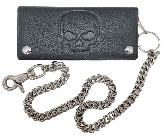 The Road Trip Chain Wallet gets you ready for the Iron Butt rides.. Carry all of your necessary cards and cash wrapped up in soft leather with the willy style skull embossed on the outside. Unlike our other Chain wallets you can CHOOSE a basic chrome chain OR no Chain. Available in our Smyrna, TN shop not far from Murfreesboro.