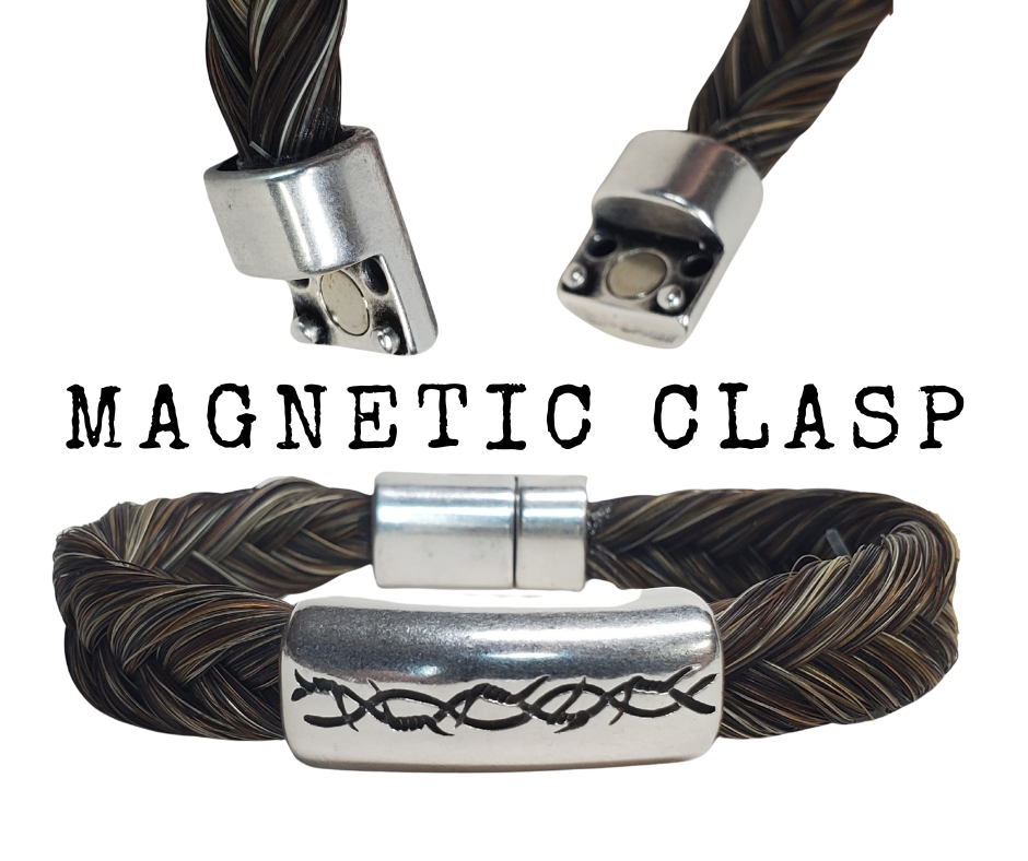 Discover the timeless charm of Barb Wire and Braided Horsehair in our classic Western style bracelet. Each piece features a strong magnetic clasp for durability. To ensure a comfortable fit, wear it snug or even take it in the water - just be sure to remove it before swimming or showering. You can find this unique bracelet at our shop in Smyrna, TN, conveniently located just a short drive away on I-24. Handcrafted in Montana with horsehair primarily sourced from Argentina, Mongolia, and Canada.