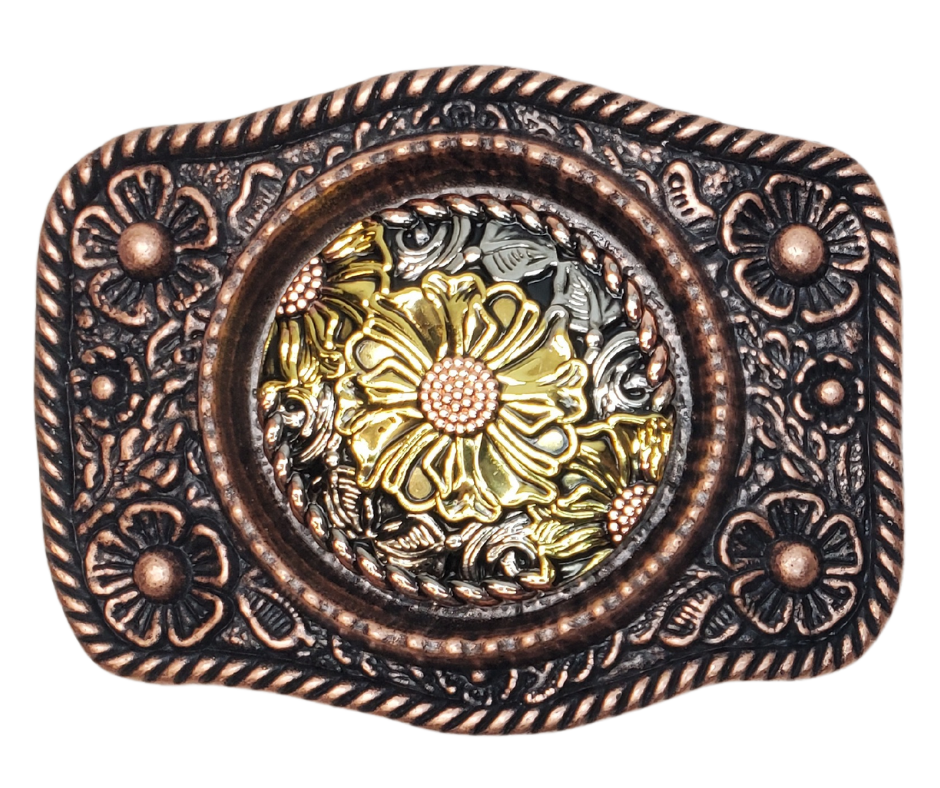 Were always looking for unique buckles and this one fits that description. A Antiqued Copper finish and Gold finished flowers make this a keeper. Fit's up to 1 1/2" belts. Whether you visit our retail store in Smyrna, TN or shop online, don't miss the chance to add this unique piece to your collection.