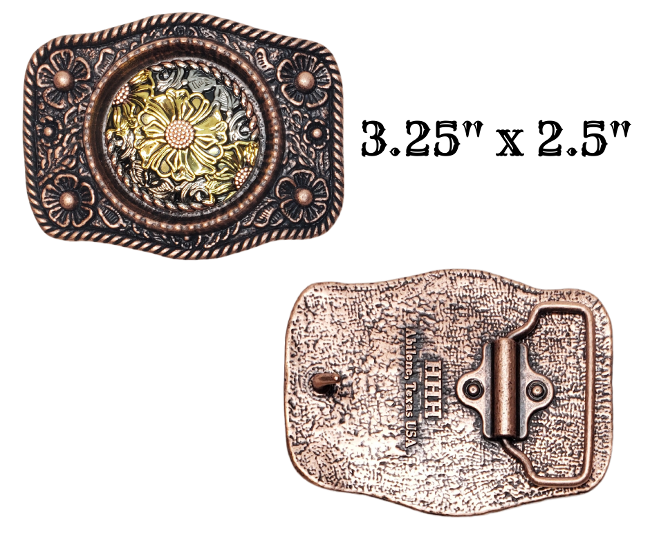 Were always looking for unique buckles and this one fits that description. A Antiqued Copper finish and Gold finished flowers make this a keeper. Fit's up to 1 1/2" belts. Whether you visit our retail store in Smyrna, TN or shop online, don't miss the chance to add this unique piece to your collection.