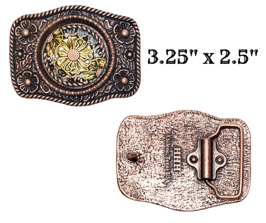 Were always looking for unique buckles and this one fits that description. A Antiqued Copper finish and Gold finished flowers make this a keeper. Fit's up to 1 1/2" belts. Whether you visit our retail store in Smyrna, TN or shop online, don't miss the chance to add this unique piece to your collection.