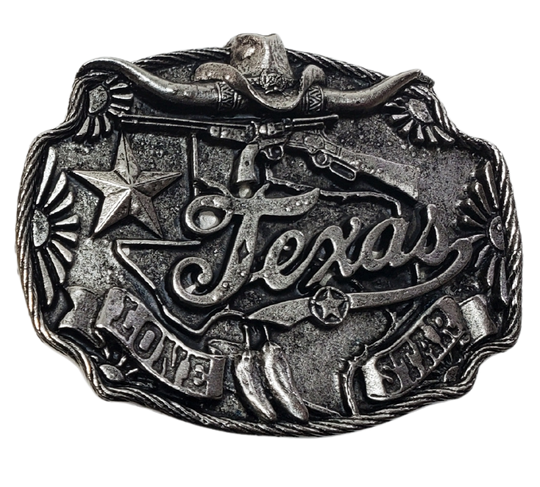 This may be the coolest TEXAS buckle we have with all of its awesome graphics. Look close to see a Longhorn, Hat, Lone Star, Chile Peppers and of course F?..&lt;: arms. Whether you visit our retail store in Smyrna, TN or shop online, don't miss the chance to add this unique piece to your collection.