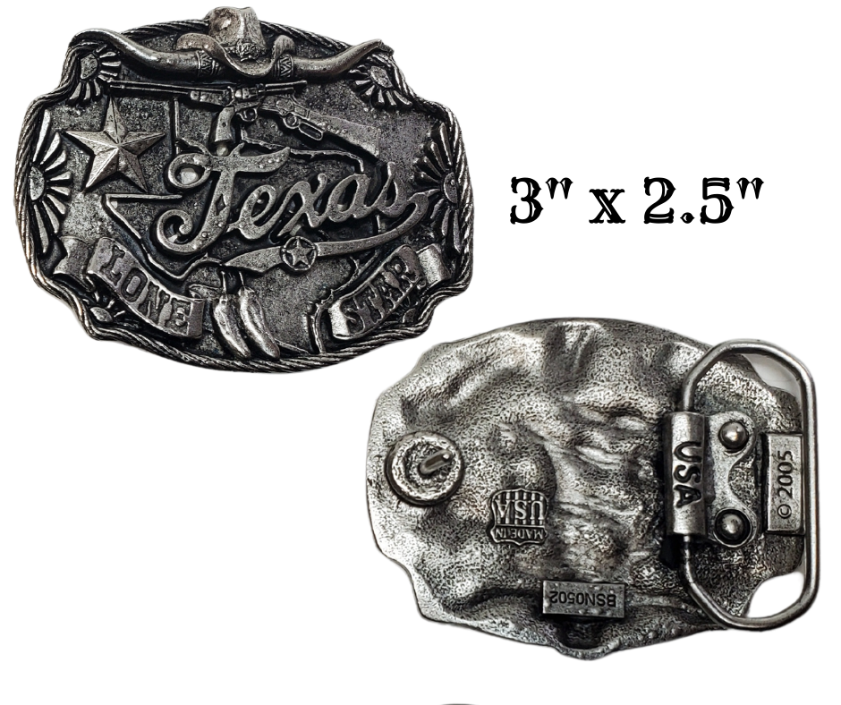 This may be the coolest TEXAS buckle we have with all of its awesome graphics. Look close to see a Longhorn, Hat, Lone Star, Chile Peppers and of course F?..&lt;: arms. Whether you visit our retail store in Smyrna, TN or shop online, don't miss the chance to add this unique piece to your collection.