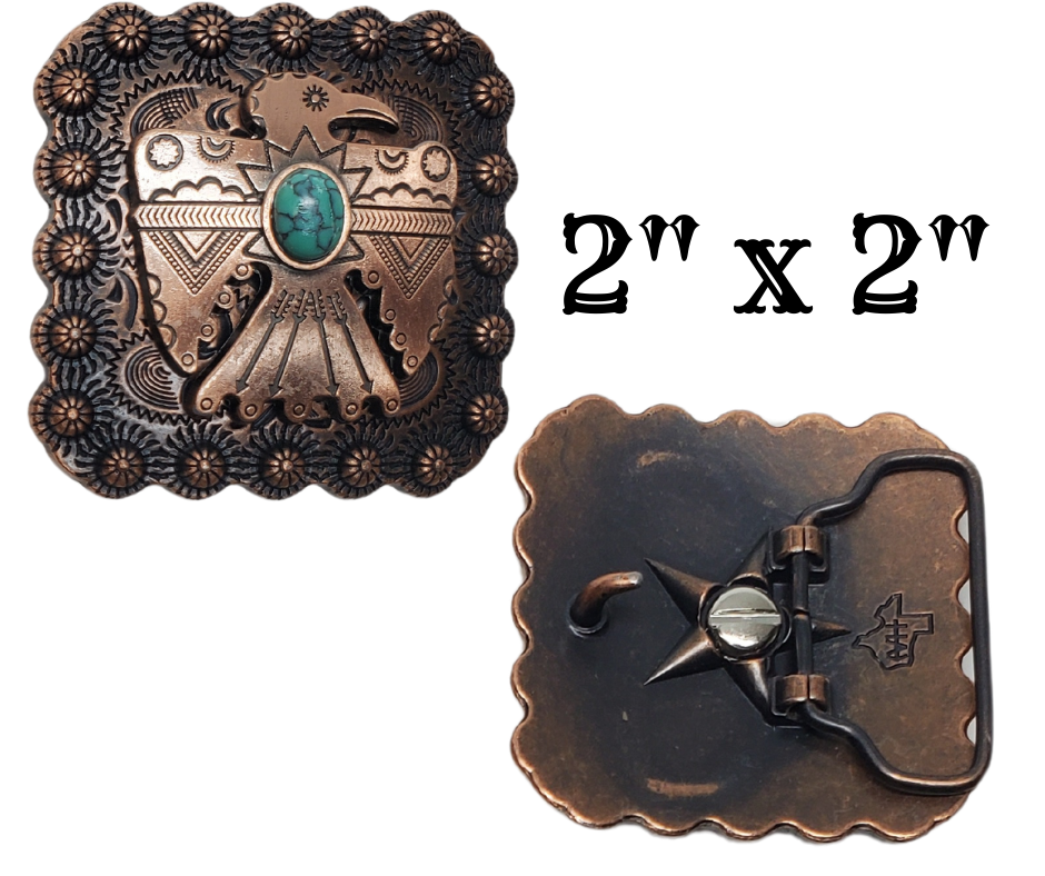 This Antiqued Copper colored square buckle features a Native American style T-bird with berries and a Turquoise colored center stone, all set against a western scrolled background. At just 2" square, it's the perfect addition to any collection. Check it out in our retail store in Smyrna, TN or shop online now.