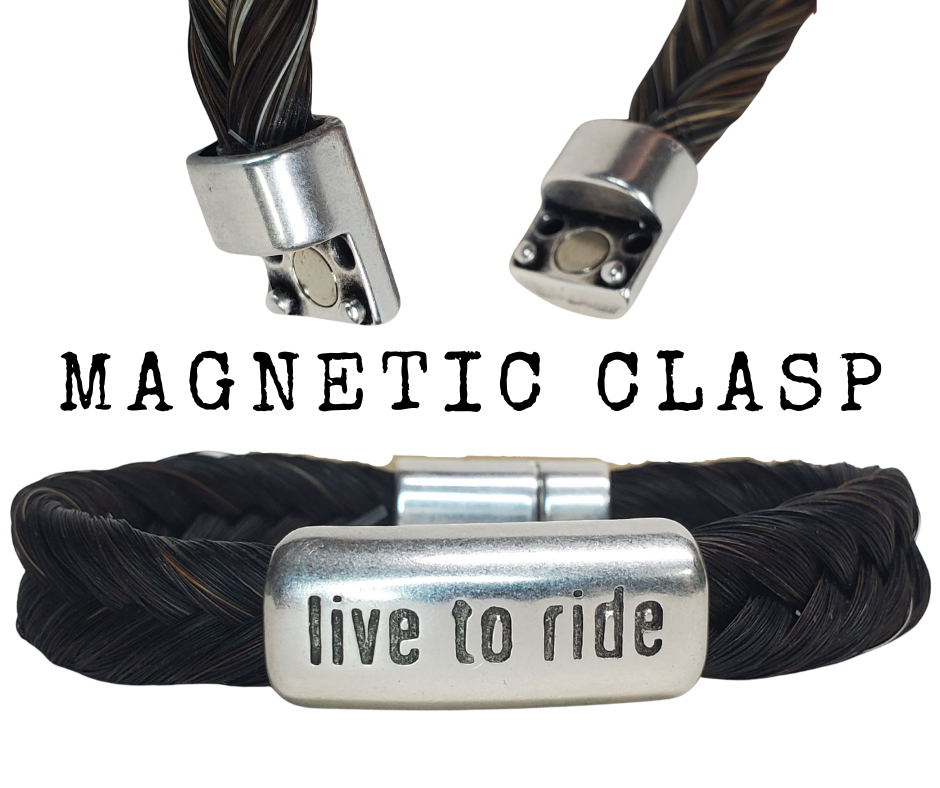 What's your ride like? Each bracelet comes with a durable magnetic clasp. It's best to wear it snug, but you can even get it wet. Just remember to take it off before swimming or showering. Find it at our shop in Smyrna, TN, just a short drive away on I-24. Each piece is crafted in Montana using horsehair mainly sourced from Argentina, Mongolia, and Canada.