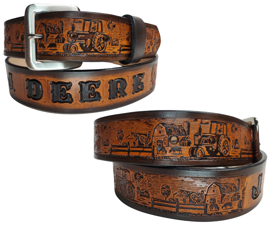 The Homestead Belt showcases the quintessential self-sustaining lifestyle through the imagery of Chickens, Tractors, Cows, and Barns. Made with 1/8" thick leather and 1 1/2" wide, the Antiqued Solid Buckle Silver is easily interchanged with two snaps. Personalize your belt with up to 10 letters. Buy yours online or come see us in Smyrna, TN, close to Nashville.