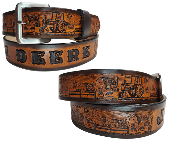 The Homestead Belt showcases the quintessential self-sustaining lifestyle through the imagery of Chickens, Tractors, Cows, and Barns. Made with 1/8" thick leather and 1 1/2" wide, the Antiqued Solid Buckle Silver is easily interchanged with two snaps. Personalize your belt with up to 10 letters. Buy yours online or come see us in Smyrna, TN, close to Nashville.