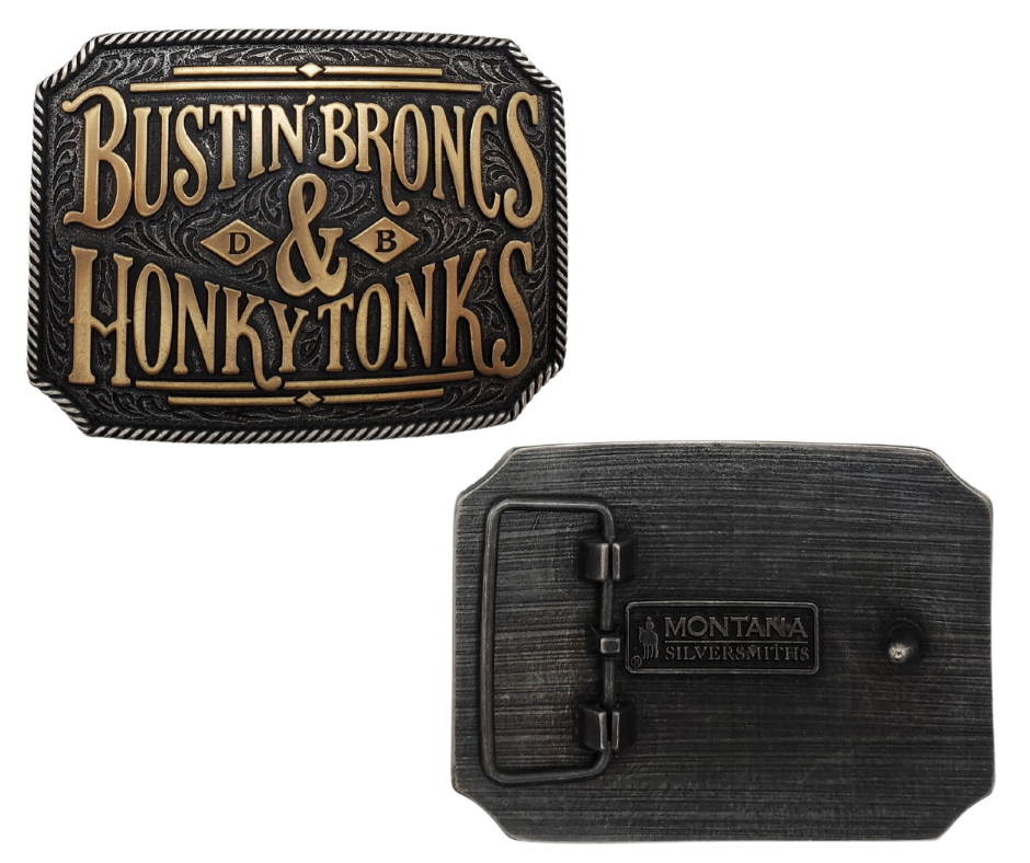 From the rodeo to dancing at night, the Rodeo life is all about attitude. Embrace the Dale Brisby code with this one-of-a-kind belt buckle featuring a scroll background and a rope edge. The rectangular shape in Antiqued silver and Antiqued brass finish perfectly fits a 1 1/2" belt and measures approximately 3" x 4". Find it online or at our shop just outside Nashville in Smyrna, TN. Made with metal alloy and coated with Montana Armor for durability.