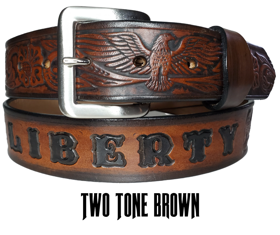 This Name Belt features a single strip of vegetable tanned leather in a patriotic pattern, highlighted by a flying eagle. The antique nickel-finished solid brass buckle is easily replaceable, allowing you to customize the design with your own buckle. It's crafted in our Smyrna, Tennessee shop, near Nashville.