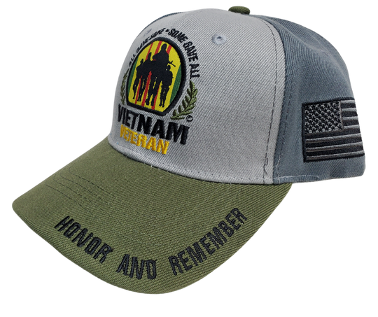 Honor the brave who gave all to defend America's freedom with a Viet Nam Veteran cap sporting a Punisher Skull and American Flag. Get yours today at our Smyrna, TN shop, only a quick 20 minutes from Downtown Nashville.   Color: Gray/Green/Yellow/Red   Embroidered DesignTopstitching Detail    Adjustable Closure  One Size Fits Most